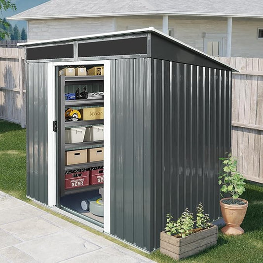 6X5 FT Outdoor Storage Shed, Waterproof Metal Garden Sheds with Lockable Door, Steel Tool Storage Buildings Shed & Outdoor Storage House for Garden, Backyard, Patio, Lawn, Trash Cans(Black and White)