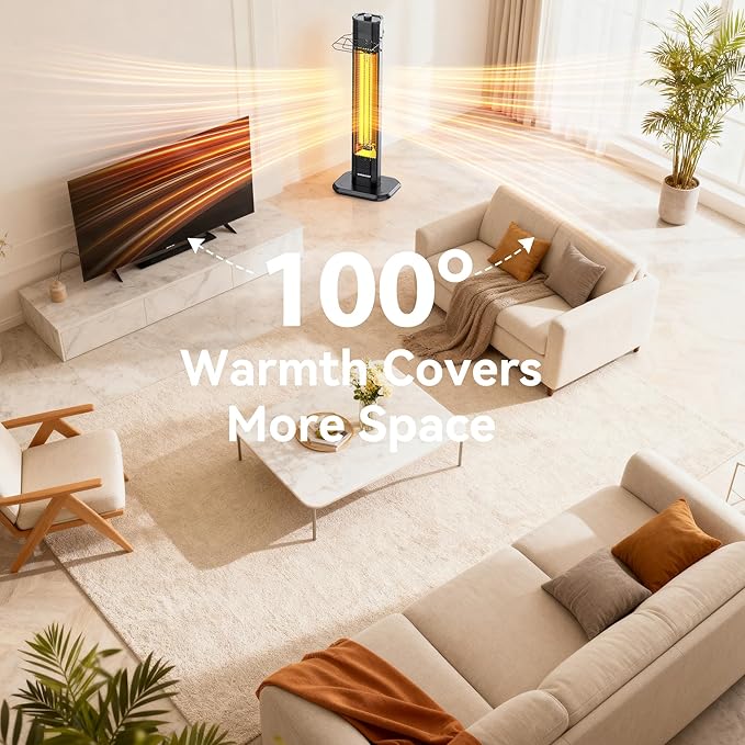 VAGKRI Outdoor Electric Patio Heater, 1500W 36" Infrared Heater with 2 Heat Tube, 3 Levels, Tip-Over&Overheat Protection, IPX5 Waterproof Tower Electric Patio Heater for Outdoor Indoor, Backyard, Room
