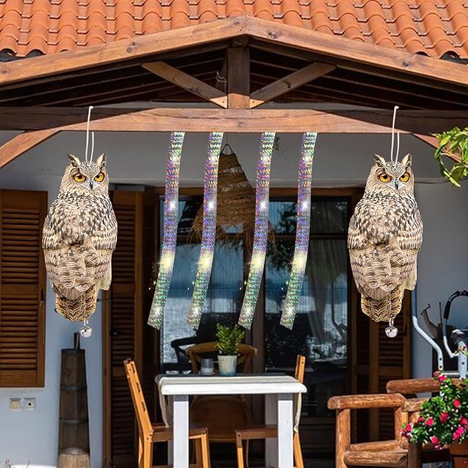 4PCS Reflective Hanging Ow Scarer Devices Owl Hanging Decoration Woodpecker Control Device with Reflective Tape for Garden Patio Windows Farm