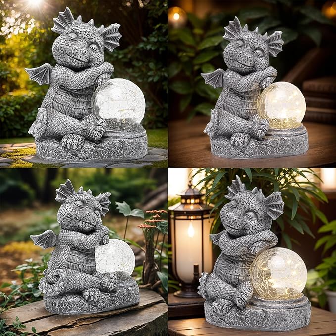 halp·ssfm Garden Outdoor Dragon Statue Holding Solar Magic Orb LED Light Resin Adorable Baby Dragon Figurines for Patio Balcony Yard Lawn Garden Unique Housewarming Gift for Mom Grandma