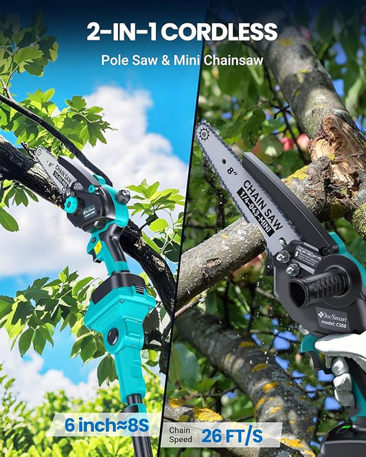 8" Electric Pole Saw for Tree Trimming,Brushless Mini Chainsaw Cordless with Extension Pole 2 Batteries, 2-in-1 Hand held & Pole Pruner for Cutting Tree Limbs Branches
