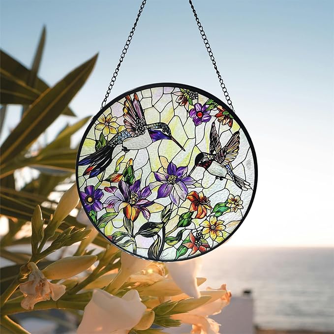 Stained Glass Sun Catcher,HummingbirdsStained Glass Window Hanging Garden Decor,Sun Catchers Indoor Window,Whimsical Decoration for Home Backyard Patio Lawn Porch with 6.3 INCH