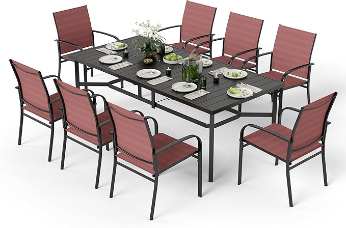 9 Pieces Patio Table and Chairs Set, Patio Dining Set for 8, 8 Red Textilene Chairs and 1 83” Rectangular Patio Dining Table with Umbrella Hole, for Deck Backyard Lawn Poolside