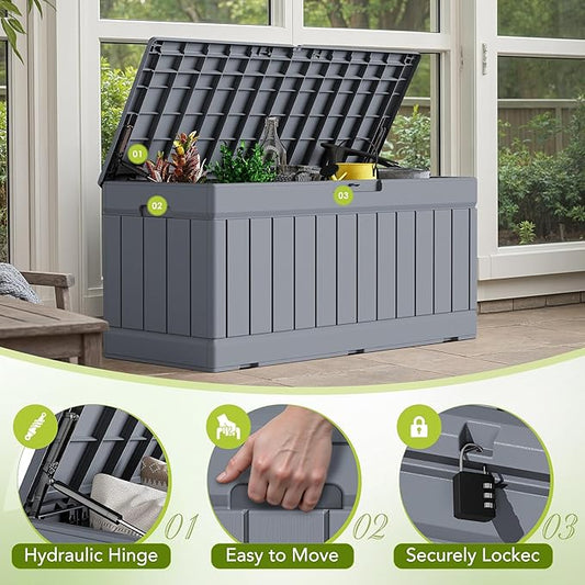 Devoko 78 Gallon Deck Box, Waterproof Resin Outdoor Storage Box for Outside and Patio, Outdoor Storage Bench Lockable for Patio Furniture, Garden Tools and Pool Supplies (Grey, 78 Gallon)