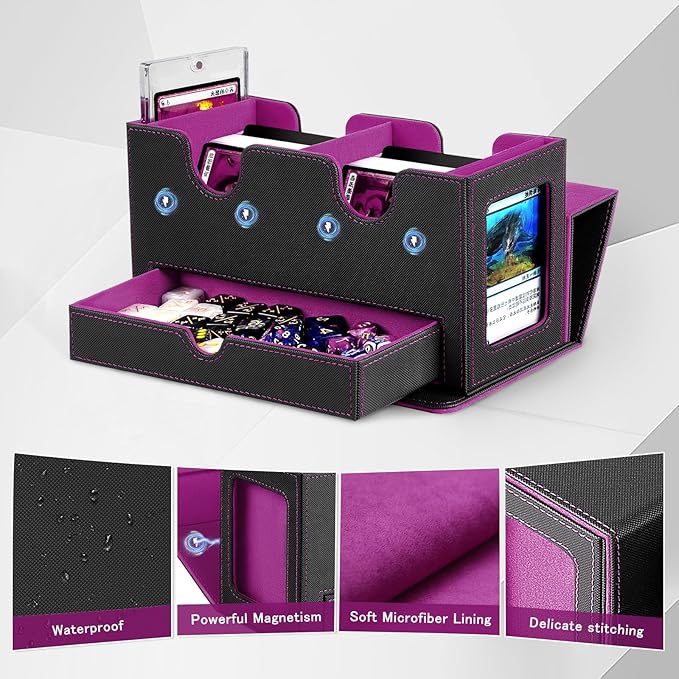 MTG Deck Box with 2 Commander Display,Commder Deck Box Fits 310+ Cards，with Dice Tray,Leather Magnetic,Fits for TCG CCG Magic Cards (Black Purple)