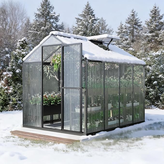 Aoodor 6 x 8 Ft Walk-in Greenhouse with Gutter, Polycarbonate and Heavy-Duty Aluminum Frame, Adjustment Skylight and Lockable 2-Sided Door for Patio, Outdoor, Yard, Lawn Use, Black
