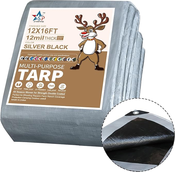 STARPYNG-12 Mil Silver/Black 12x16 Feet Tarp-Heavy Duty Poly Tarp-Cover,Waterproof, UV Resistant, Weather Resistant, Cover Cars, Boats, Courtyards,Camping