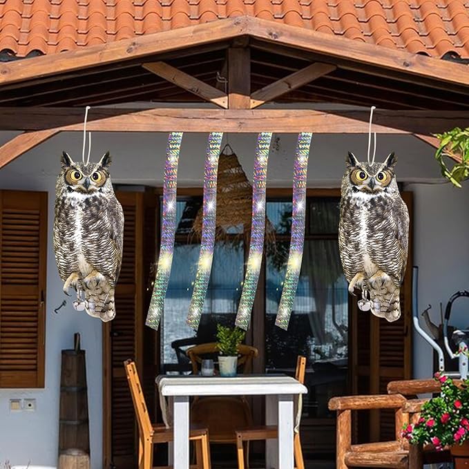 4PCS Reflective Hanging Hawk Fake Owl Decoration, Realistic Hanging Owl for Garden Patio Windows