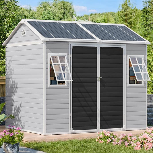 8x6 Shed, Heavy-Duty Outdoor Storage Shed with Floor, Waterproof Plastic Resin Garden Shed for Backyard, Tool Storage with Lockable Double Doors Awning Windows