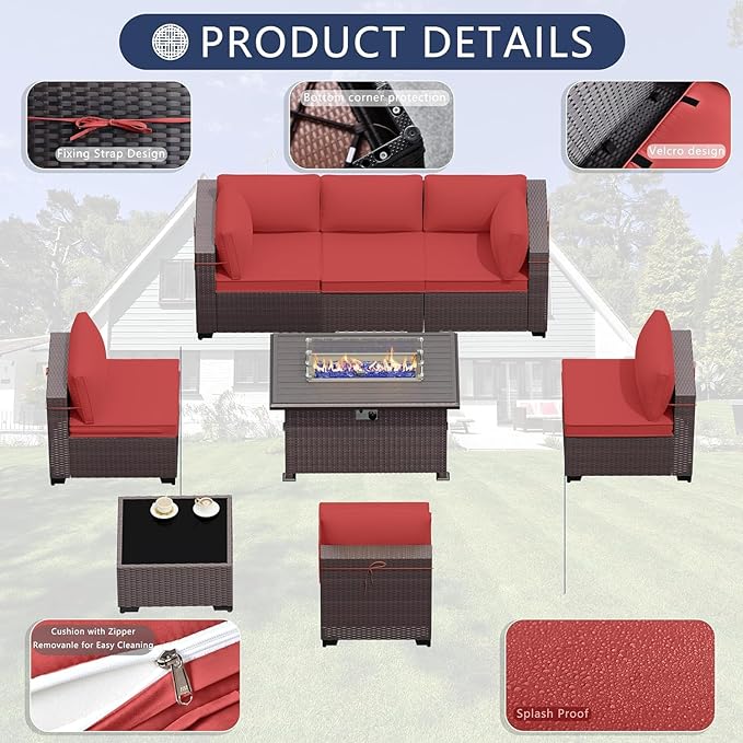 11 Pieces Patio Furniture Set with 2 Swivel Chairs Patio Furniture Outdoor Sectional Sofas with 55000 Gas Fire Pit Patio Conversation Set w/7-Cushions