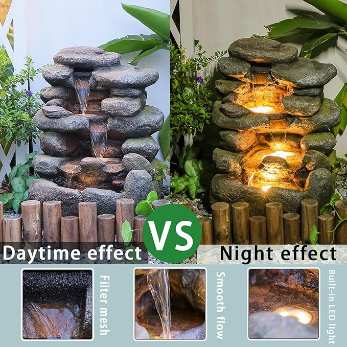 Bumilgar 23.4" H Garden Outdoor Rock Water Fountain with LED Lights, 4-Tier Cascading Waterfall Fountain, Faux Stone Resin Water Feature for Patio, Backyard & Home Decor