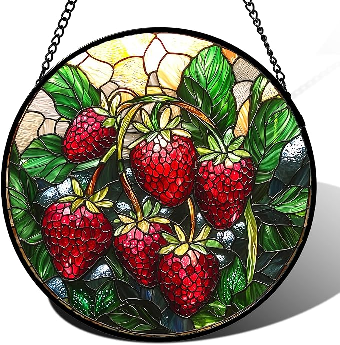 AMDERVEN Stained Glass Suncatcher, Red Strawberry Green Leaf Sun Catcher Silver Background Stain Glass Window Hanging Decoration Mother's Day Birthday Gifts for Women Men Mom Nana 11.8 in