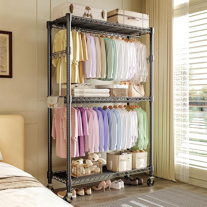 Heavy Duty Rolling Clothes Rack with 22 mm pipes, 694LBS Metal Garment Rack for Hanging Clothes, Freestanding Clothing Racks with Adjustable Storage Shelves Hanging Rod & Side Hooks