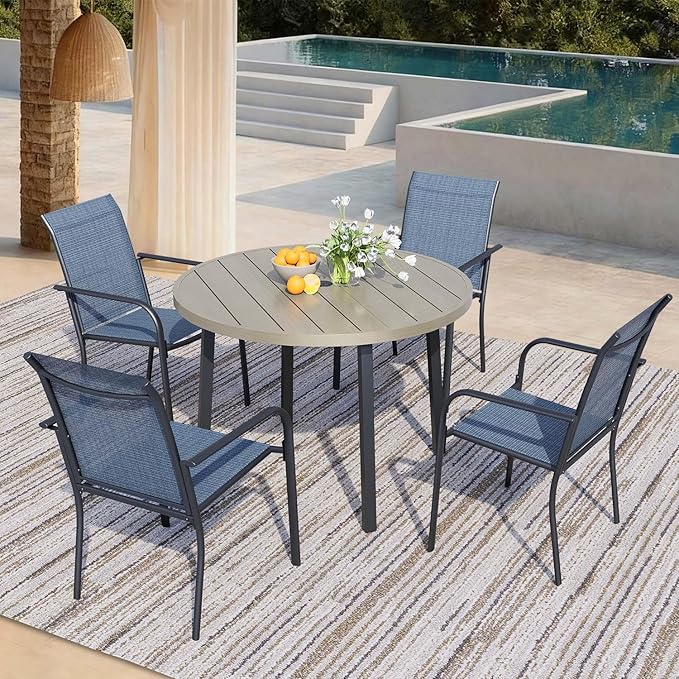 5 Pieces Patio Dining Set for 4, Blue Patio Stackable Chairs and Honey Oak Round Table Set of 4, Outdoor Furniture Set with Sling Support for Outside, Garden