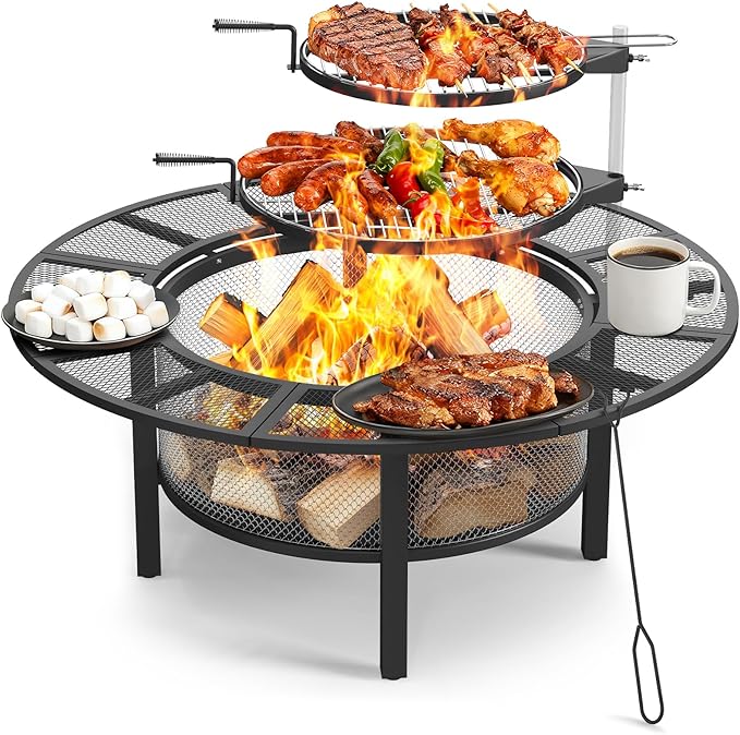 ONBRILL 2-in-1 47 Inch Fire Pit with 2 Swivel Cooking Grills, Outdoor Wood Burning Firepit with Poker for BBQ, Bonfire, Picnic, Party, Round Metal Fire Pit for Outside, Backyard, Patio