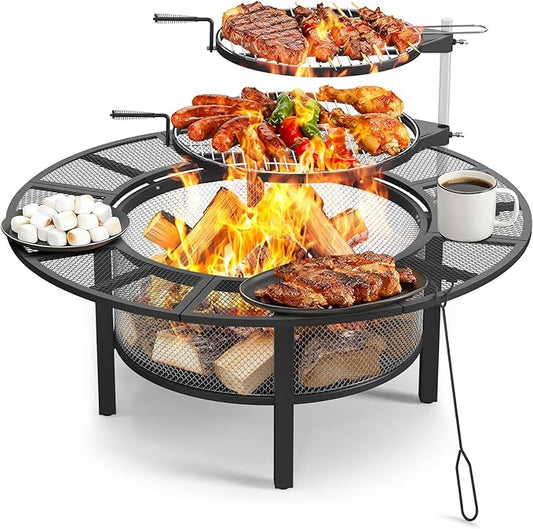 ONBRILL 2-in-1 47 Inch Fire Pit with 2 Swivel Cooking Grills, Outdoor Wood Burning Firepit with Poker for BBQ, Bonfire, Picnic, Party, Round Metal Fire Pit for Outside, Backyard, Patio