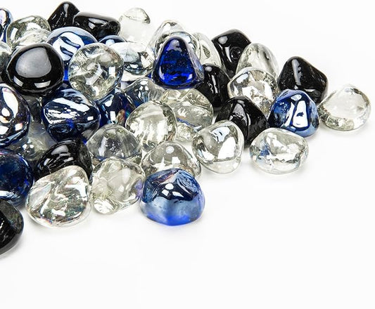 Fire Glass Diamond 1 Inch Fire Pit Glass Rocks for Propane or Gas Fire Pit 20 Pounds White/Onyx Black/Cobalt Blue Blend