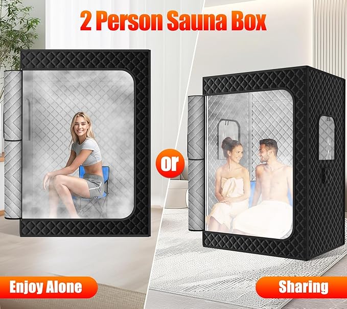Upgraded 2 Person Sauna Box, Extra Large Sauna Box, Portable Sauna Tent with 2 Steamers, 2 Folding Chair, 71”x 49”x 36”, Black