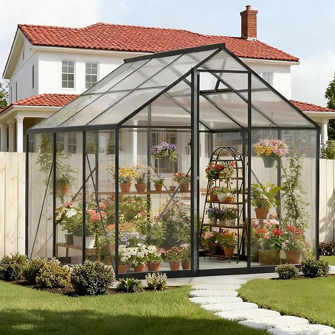 6x6 FT Greenhouse, Outdoor Walk-in, Aluminum Frame & Polycarbonate Panels, Sliding Lockable Door, Screened Vent Window, Ground Nails, Quick Setup for Garden Backyard, Black