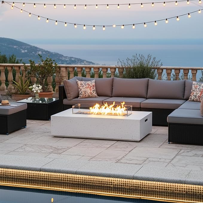 Outdoor Propane Fire Pit Table - 56" White Rectangle Terrazzo Finish Fire Table, Certified, 50000 BTU Stainless Steel Burner with Transparent Blue Fire Glass and Raincover