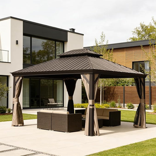 Domi 11x13FT Outdoor Gazebo, Hardtop Gazebo with Galvanized Steel Double Roof, Metal Gazebos with Drainage System Patio Pergola for Patio Deck Backyard,Curtain and Netting,Brown