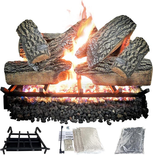 30" Premium Gas Logs - Match Light Kit Included - for Natural Gas Vented Fireplaces - Blazing Oak Design (Logs + Match Light Kit)
