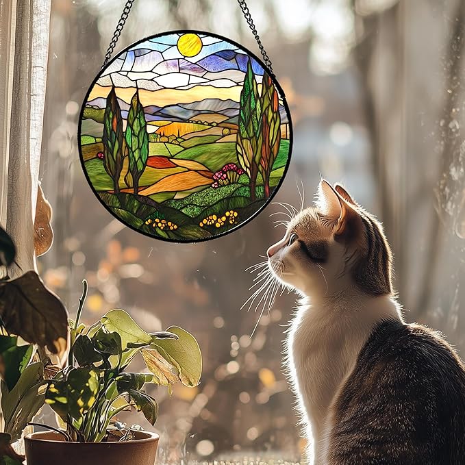 QZQCBLC Stained Glass Window Hanging Golden Sun Mountain Landscape Large 11.8" - Suncatcher Door Garden Sun Catcher Home Decor Birthday Christmas for Mom Men Woman Nana Friend