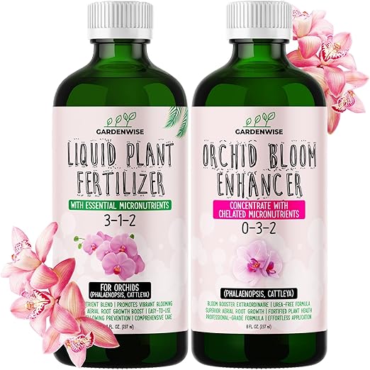 Orchid Fertilizer – Complete Orchid Plant Food Set 3-1-2 & 0-3-2 Liquid Fertilizers for Blooming, Root Growth – Optimal Orchids Care (2 x 8 OZ Bottles)