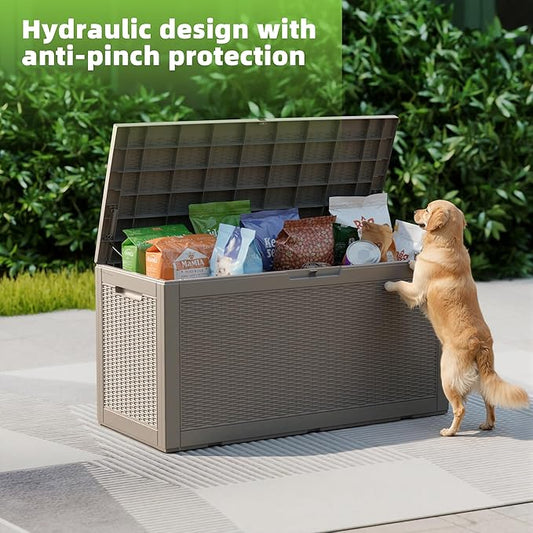 EasyUp 120 Gallon Outdoor Storage Box Waterproof, UV Resistant Resin Deck Box with Hydraulic Rod, Reinforced Stability for Patio, Garden, Rattan Gray