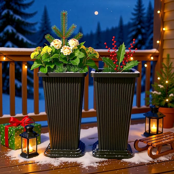 FENCY Set of 2 Tall Planters for Outdoor Plants, 24 Inch Large Tapered Pots with Drainage Trays, Weather-Resistant Plastic Plant Containers for Patio, Porch, Garden, Front Door Decor,Black,Striped