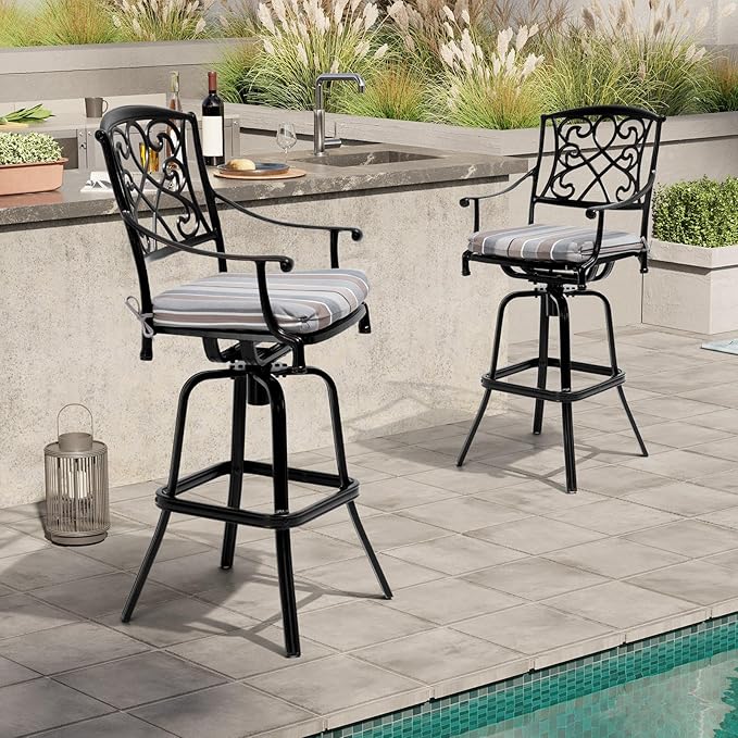 Crestlive Products Outdoor Bar Stools with Sunbrella Cushion Set of 2, 360° Swivel Patio Bar Height Chairs, All Weather Commercial Grade Furniture, Antique Brown Finish for Outside (Milano Char)