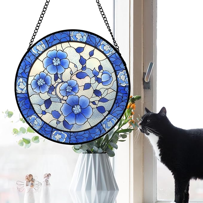 AMDERVEN Stained Glass Window Hanging, Blue and White Plum Blossom Sun Catcher for Door Home Decor Flowers Suncatcher Christmas Mother's Day Birthday Gifts for Women Men Mom and Nana 6.3 in