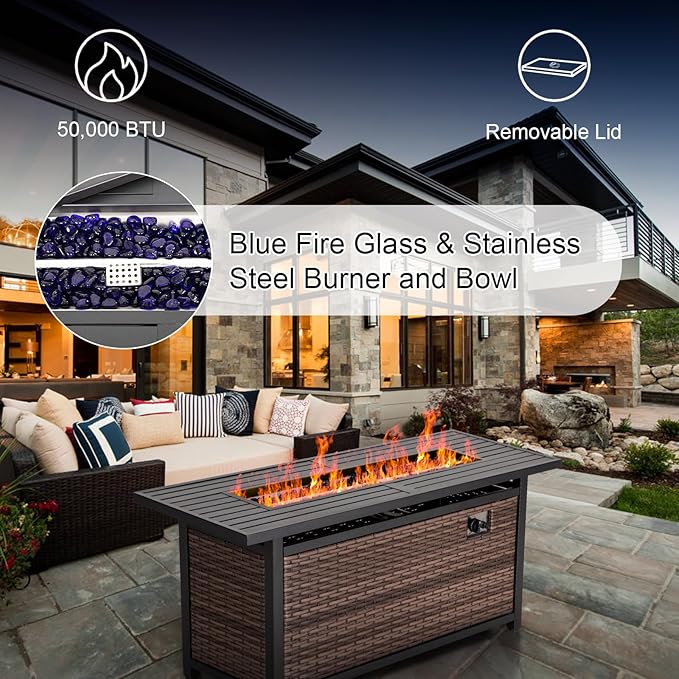 Sophia & William 56 Inch Gas Fire Pit Table Outdoor Rattan Propane Fire Table & Fireplace with Fire Glass, Lid, 50,000 BTU Firepits for Outside Patio