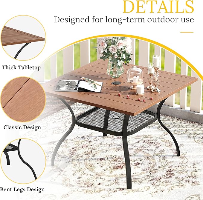 VICLLAX 37.8" Square Outdoor Patio Table, All Weather Metal Outdoor Dining Table for Lawn Garden, Walnut Wood-Like Tabletop