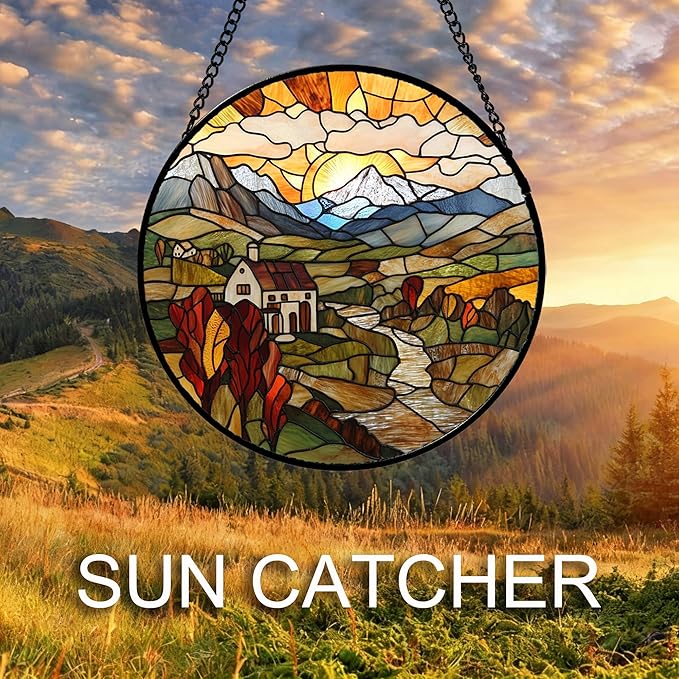 QZQCBLC Stained Glass Window Hanging Farm Pastoral Scenery 6.3" - Sunrise Suncatcher Door Garden Sun Catcher Home Decor Birthday Christmas for Mom Men Woman Nana Friend Wife