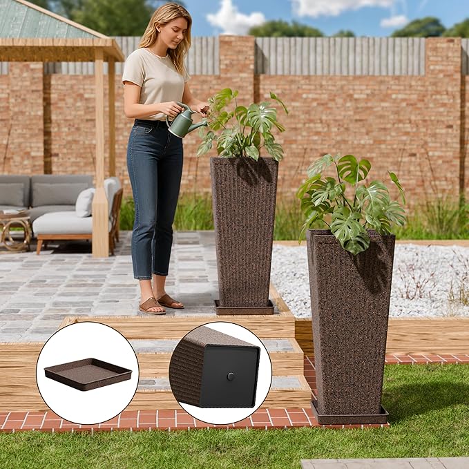 Tapered Tall Planters for Outdoor Plants 2 Pack- 23.6 Inch Heavy-Duty Classic Square Indoor Flower Pots with Drainage Holes/Partition/Tray, Large Outdoor Planters for Porch Patio, Brown