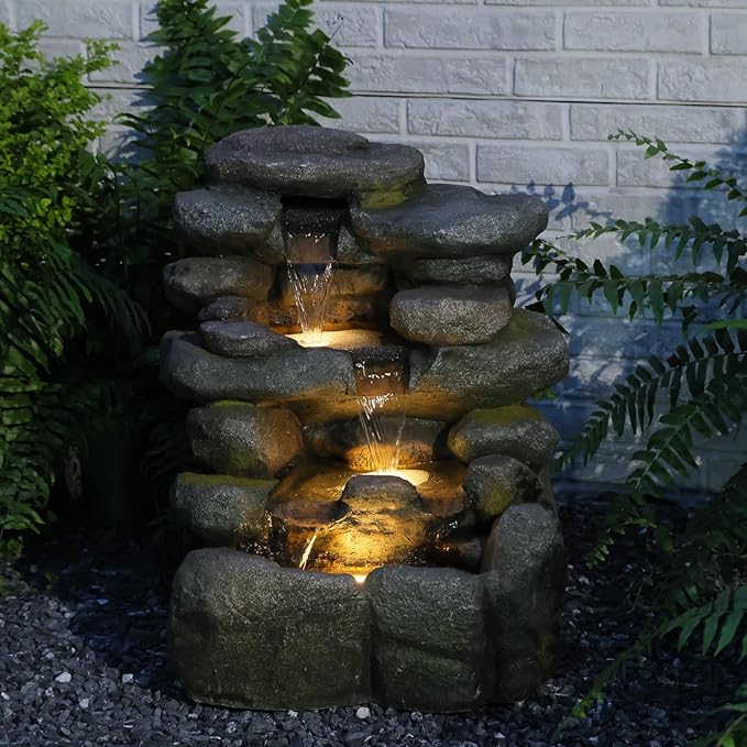 Bumilgar 23.4" H Garden Outdoor Rock Water Fountain with LED Lights, 4-Tier Cascading Waterfall Fountain, Faux Stone Resin Water Feature for Patio, Backyard & Home Decor