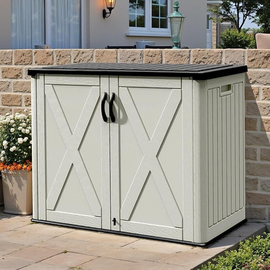 Patiowell 25 Cu.ft Outdoor Storage Cabinet with Lockable Door, Waterproof Horizontal Storage Shed for Tools and Patio Furniture, All-Weather Resin Shed Easy Assemble for Pool or Backyards, Brown