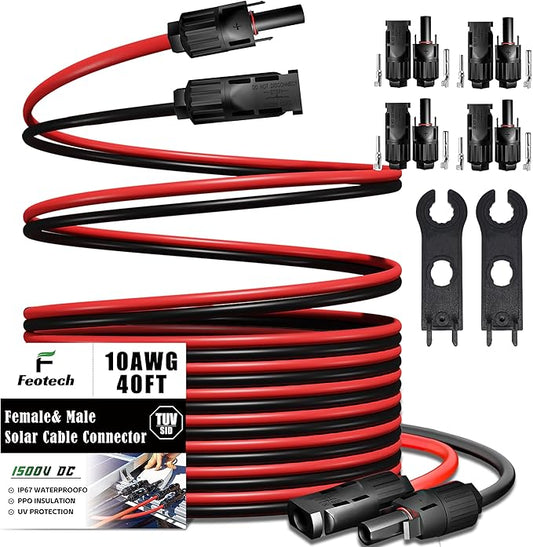 Twin Wire 40FT Solar Extension Cable - 10AWG (6mm²) Solar Panel Connector, with IP67-Male/Female Solar connectors for Outdoor Automotive RV Boat Marine Solar Panel- Black & Red