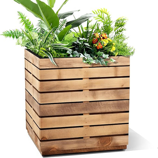 FENCY Metal Planter Box, Large Rectangular Planters for Outdoor Plants, Outdoor Tall Planters with Drainage Holes, Walnut Finish Metal Planters (17″ × 17″ × H18″)