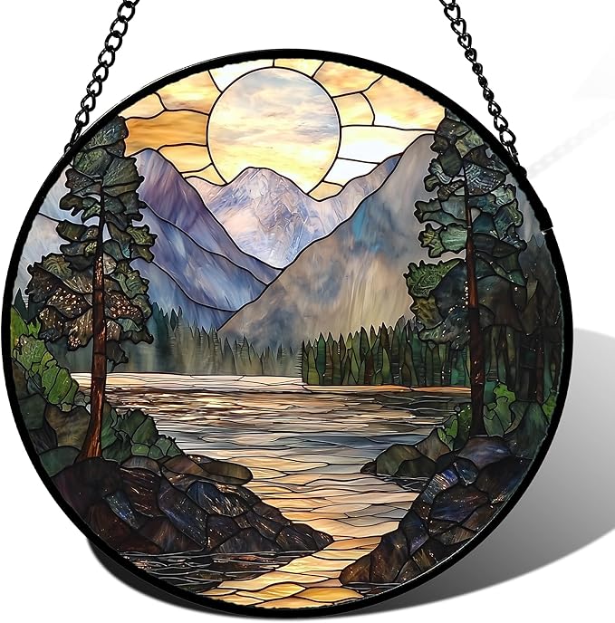 AMDERVEN Stained Glass Window Hanging, Sunset Mountains Lake Tree Sun Catcher for Window Home Decor Landscape Suncatcher Mother's Day Birthday Gifts for Women Men Mom and Nana 9.8 in