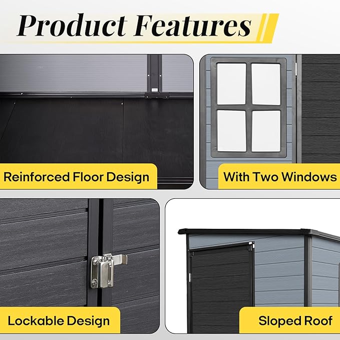 4x8 FT Lean to Shed with Floor, Resin Storage Shed & Outdoor Storage Clearance with 2 Windows, Backyard Storage Sheds for Garden Tools, Bicycle, Black+Grey