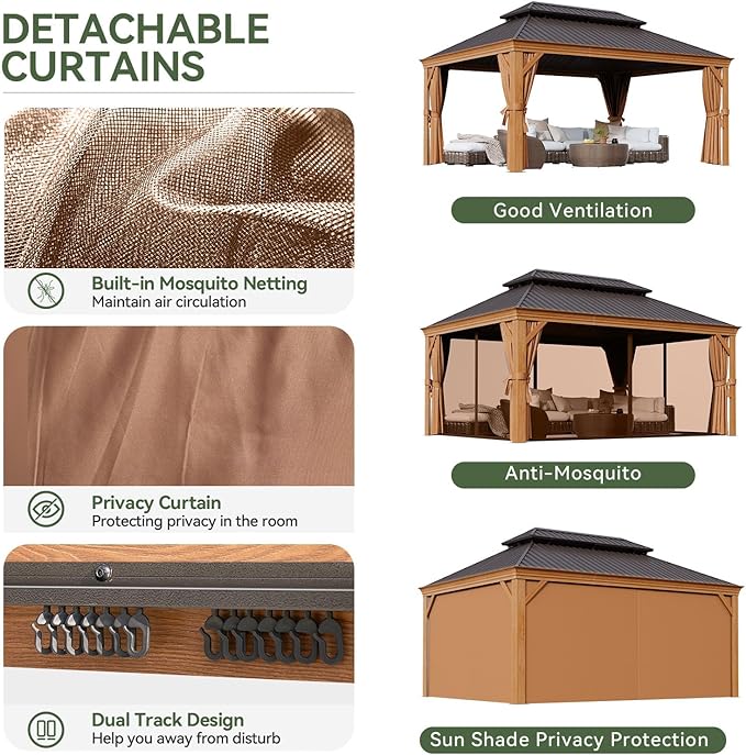 Aoxun Hardtop Gazebo, 12 x 16ft Wooden Finish Coated Aluminum Frame Canopy, Galvanized Steel Double Top, Outdoor Permanent Metal Pavilion with Curtains and Netting, for Backyard, Patio and Deck