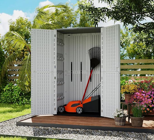 HOMSPARK Storage Shed Weather Resistance, Multi-Purpose Outdoor Storage Cabinet for Backyards and Patios, Horizontal Storage Shed for Lawnmower, Patio Accessories (White, Tall - 53 cu.ft)