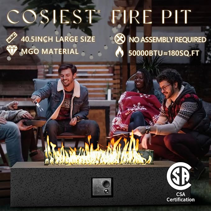 COSIEST 56-inch x 28-inch Outdoor Propane Fire Pit Coffee Table w Concrete Rectangle Base, Certified, 50,000 BTU, Free Lava Rocks and RainCover, Fits 20lb Tank Outside, Wind Guard, Gray