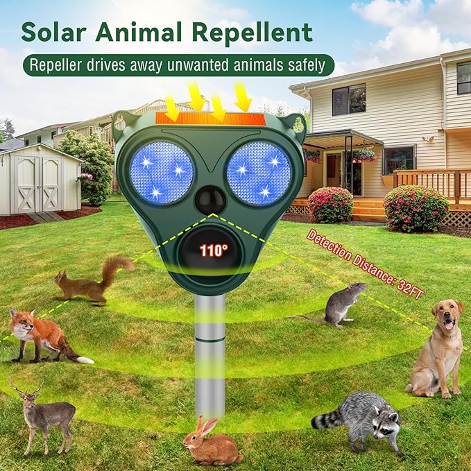 Ultrasonic Animal Repellent Outdoor, Cat Repellent Outdoor, Pest Repellent with Sensor to Repel Dog Rabbit Squirrel Coyote Raccoon Out of Yard Farm Protection
