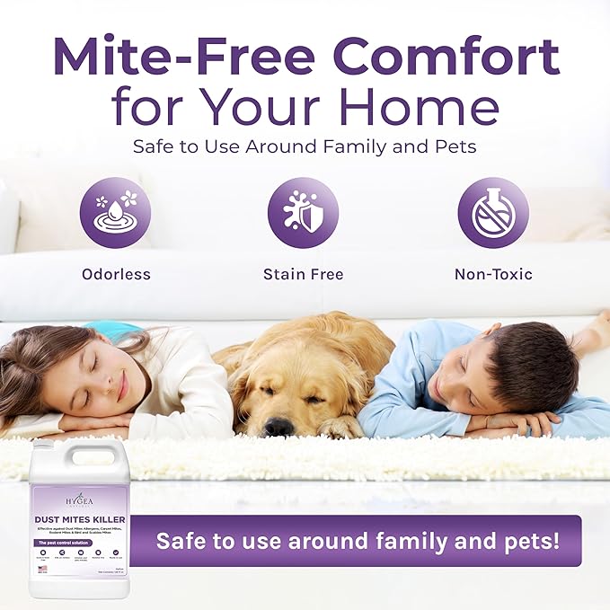 Hygea Natural Dust Mite Spray - Eliminates Dust Mites, Carpet Mites, Rodent Mites, Bird & Scabies Mites - Pet & Child Friendly, Eco-Friendly - 128oz (unscented)