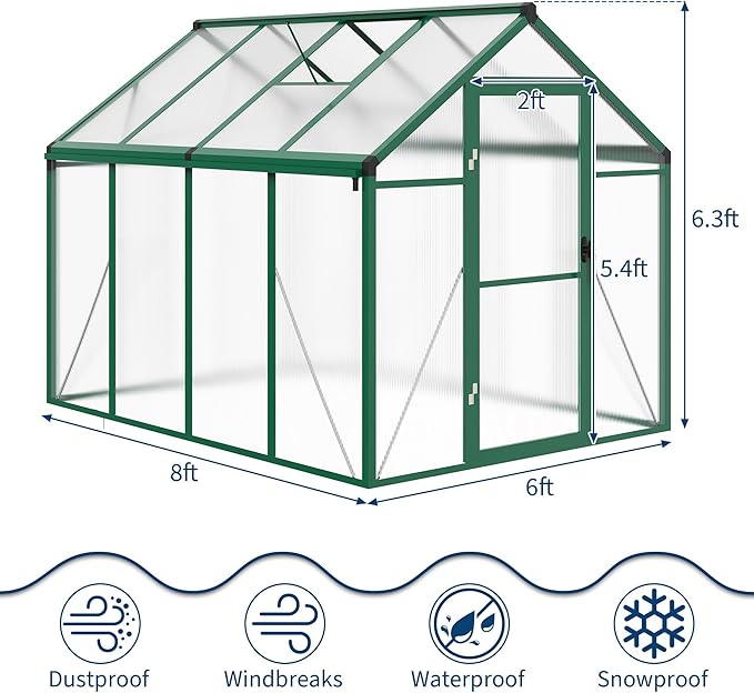 6x8 FT Greenhouse for Outdoors, Polycarbonate Greenhouse with Roof Vent, Ground Nails, Lockable Push Door, Aluminum Large Walk-in Green House for Outside Garden Backyard, Patio, Lawn, Green