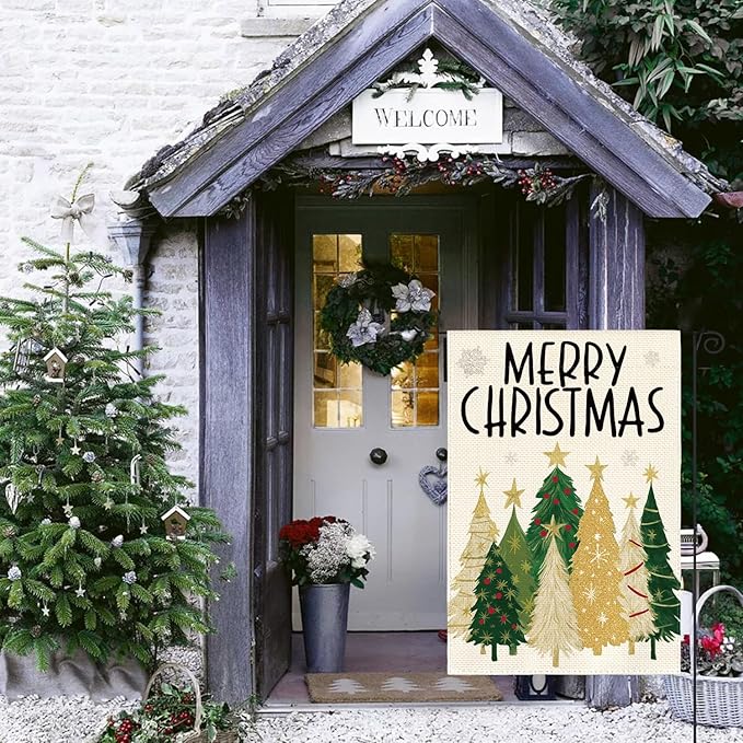 AVOIN colorlife Merry Christmas Garden Flag 12x18 Inch Double Sided Outside, Christmas Trees Winter Holiday Yard Outdoor Flag