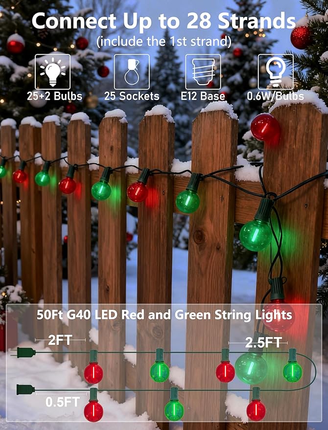 Pallerina 50Ft Clear Red and Green Outdoor LED Lights,G40 Globe Patio Christmas String Lights with 25 Colorful Bulbs(2 Spare),Outside Christmas Hanging Lights for Christmas Tree Roofline Holiday Party